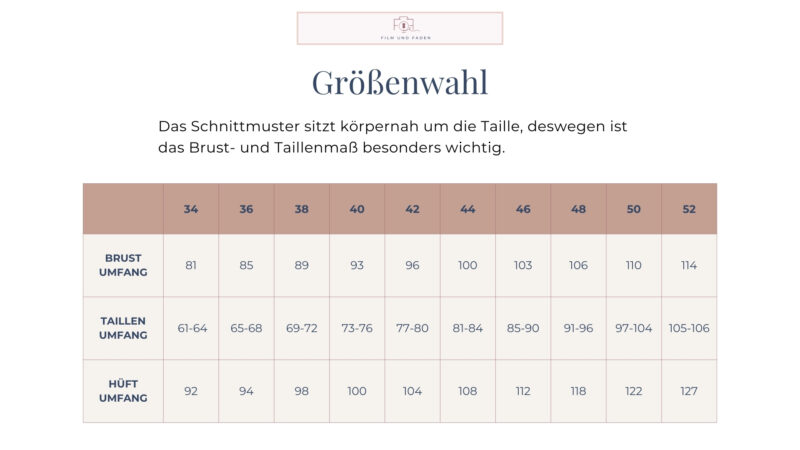 Größenwahl Schnittmuster "Dorabella"